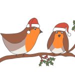 Grafik zwei Vögel mit Weihnachtsmütze auf Ast